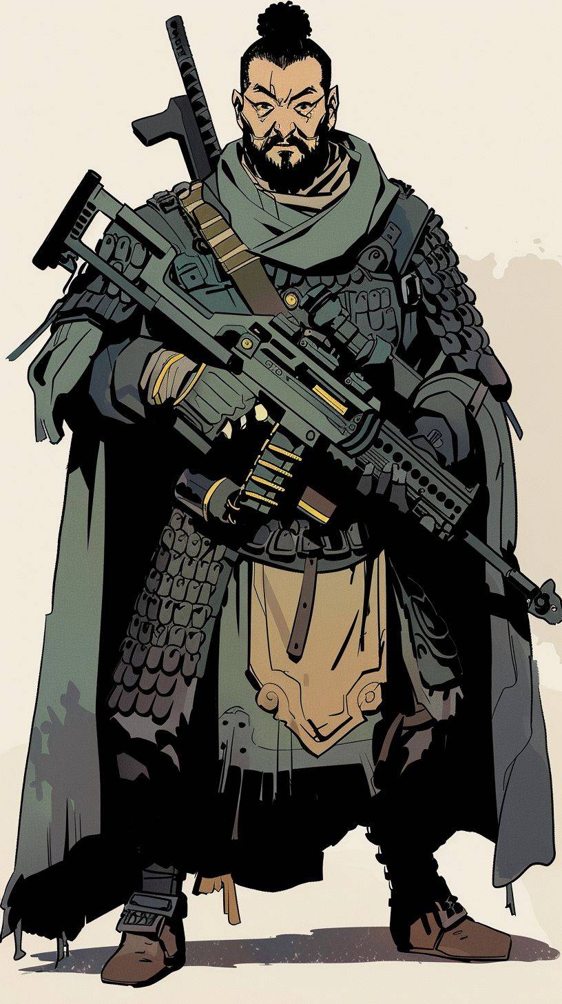 An ancient Chinese soldier holding a machine gun, wearing a grey cloak and dark green armor with black scales on it. He has very short hair and beard and is smiling. In the style of Hergé, with flat comic colors, bold lines, simple details, and a minimalist illustration style that is symmetrical.