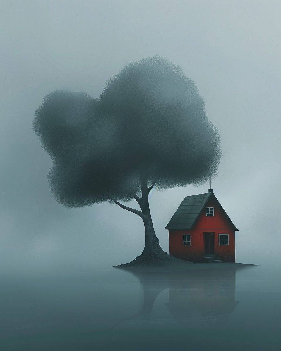 木の形をした家、風格はGoro FujitaとOliver Jeffersのコンセプトアート、シンプルでミニマルな背景、霧がかかっていて変わった静かな雰囲気。