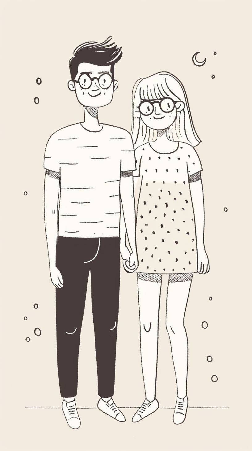 Hand-drawn simple line illustration of a couple. The man is short, and the woman is tall. They hold hands and smile. The man has short dark hair and glasses. The woman has long blonde hair, cute, adorable, and minimalistic.