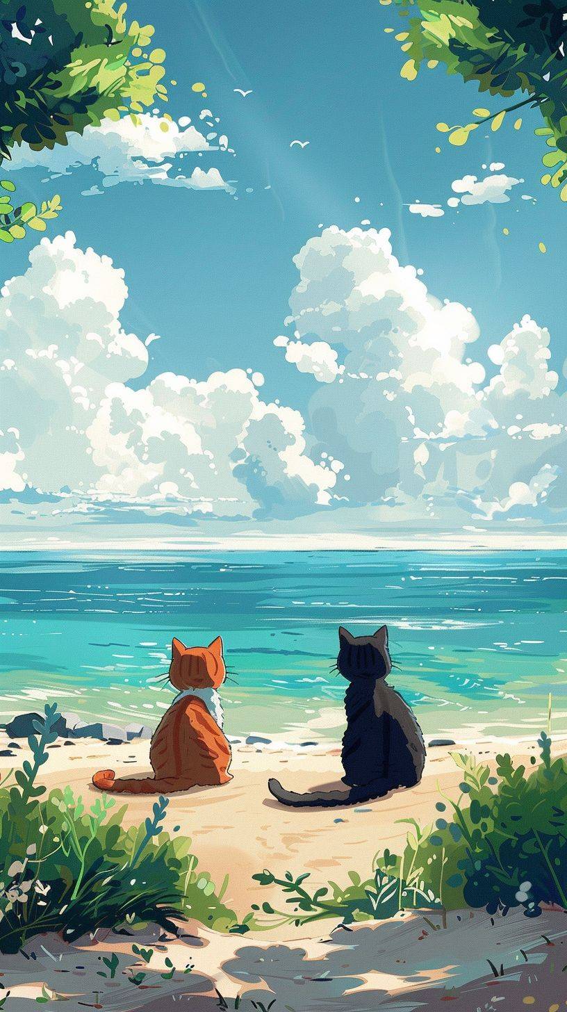 漫画のビーチシーンには、二匹の猫が岸辺に座り、落ち着いた水と遠くの雲を見下ろしている。背景には、淡いパステルカラーで描かれた砂浜と緑の植物が特徴です。ミニマリストのスタイルでは、可愛らしいキャラクターの単純な線が静かな海と空の背景と調和しています。