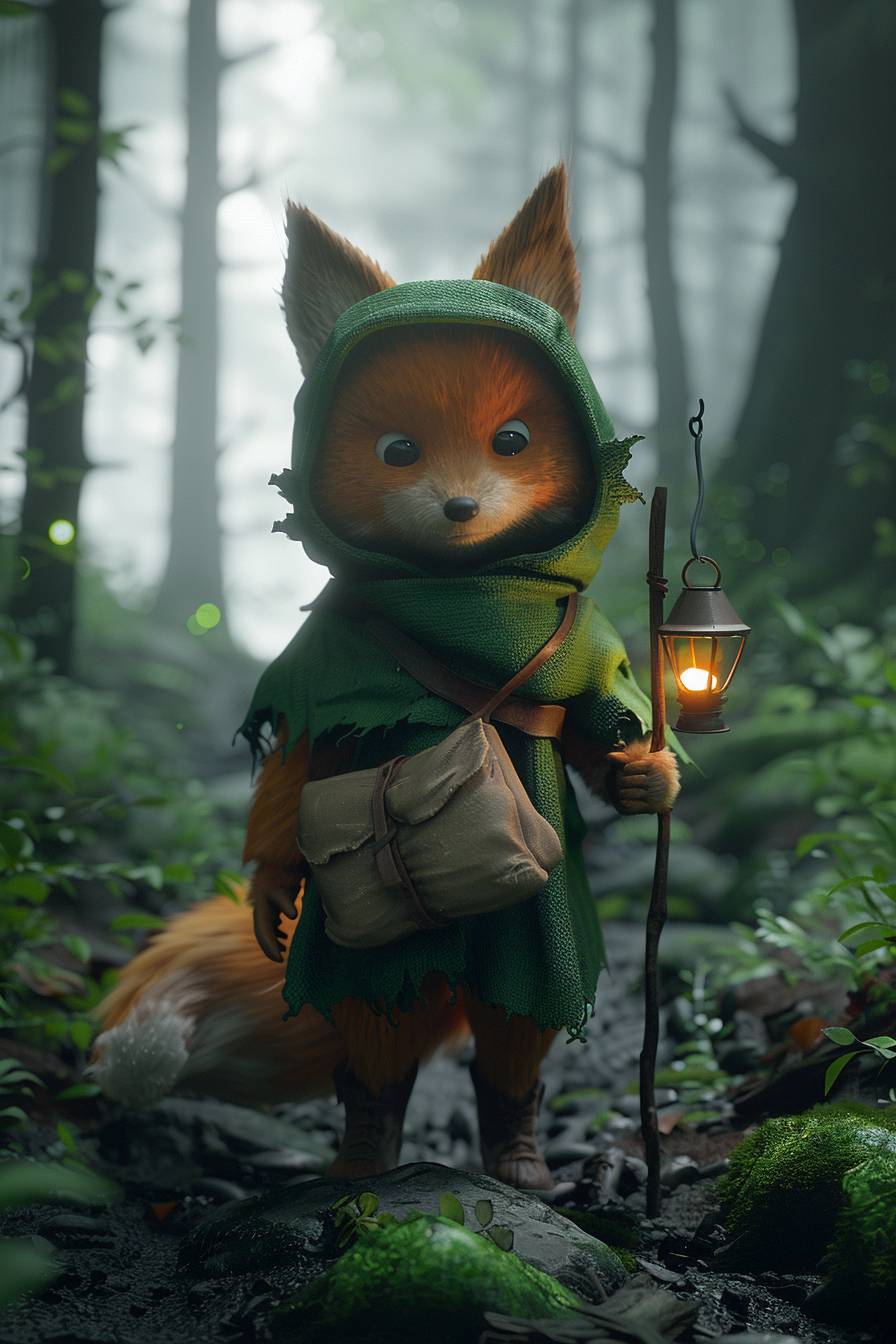Anthropomorphic furry fox, wearing green hood and shirt, 2D animation screen grab, fantasy, cartoon style, carrying bag and wood stick lamp, forest, foggy, medium shot