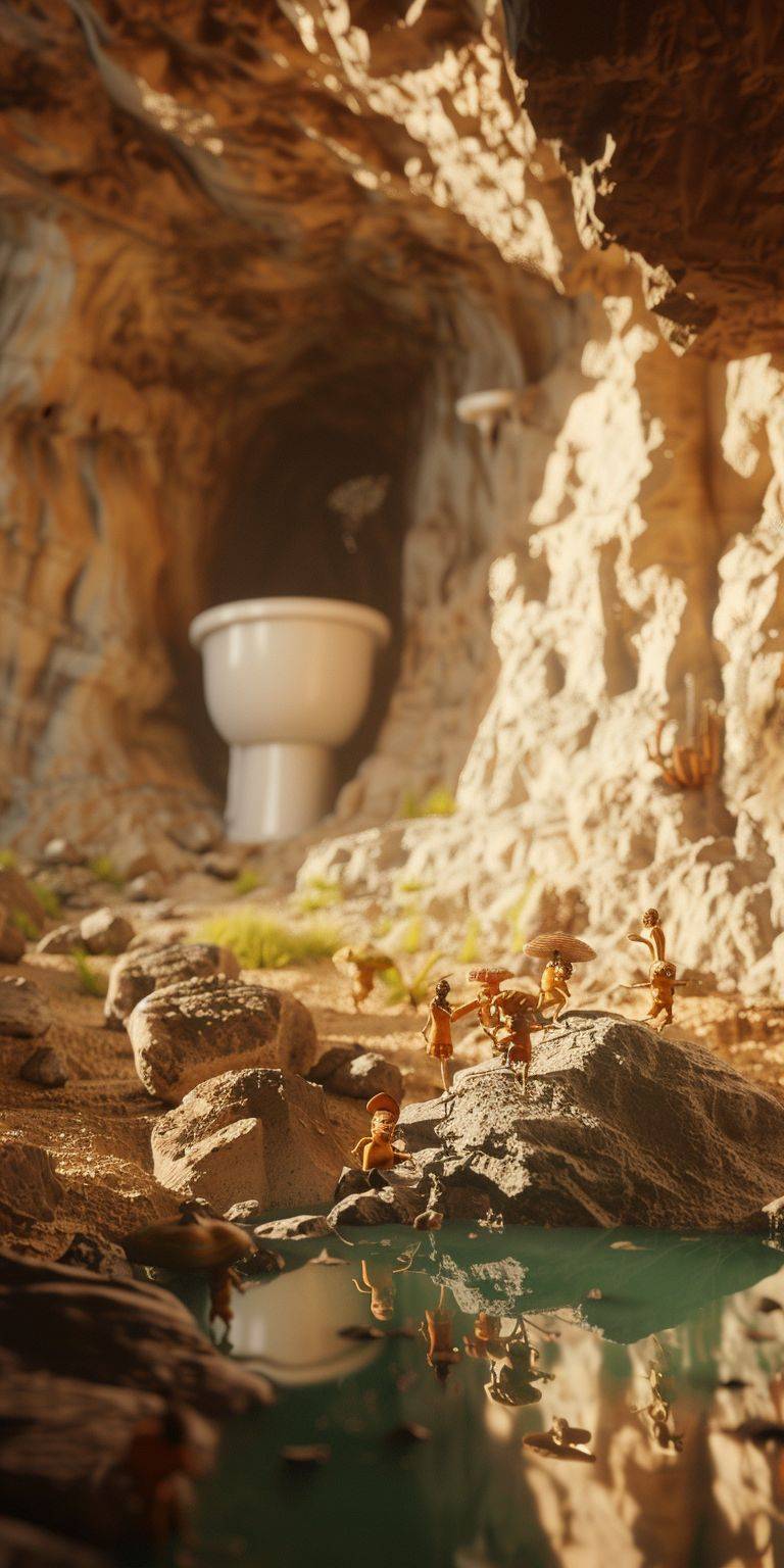 洞窟の粘土世界で、背景には巨大なトイレがあり、小さな人たちが下でトイレを流しています。ミニチュアの風景、ピクサーのアニメーションスタイルの世界、映画のポスター、シュールなスタイル、ファンタジーのシーン3D、Blender、C4D、OC Render、超リアルなレンダリングの詳細、高品質、傑作、8K -ar 1:2