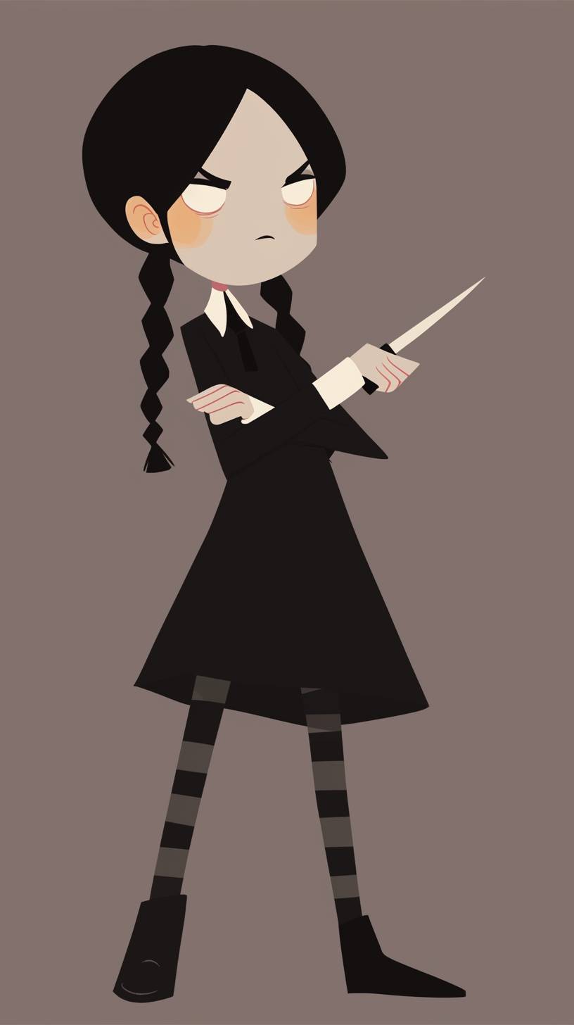 A simple drawing of Wednesday Addams, in the style of Allie Brosh with simple lines, flat colors and a stick figure, set against a minimalistic and simple background.