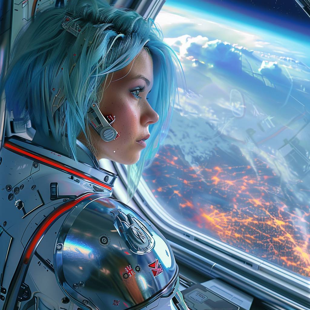 A futuristic commander with icy blue hair and a reflective suit, aboard a space station orbiting a vibrant alien planet. The viewports show a breathtaking panorama of the planet below, her gaze contemplative as she plans her next move. Space opera style, highest quality illustrations, beautiful digital art, detailed facial features, realistic, best resolution