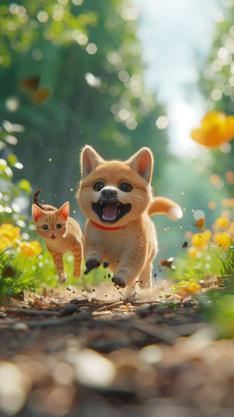 Image of a cute, chubby dog and cat playing and chasing each other on a beautiful farm, lush greenery, 3D animated image