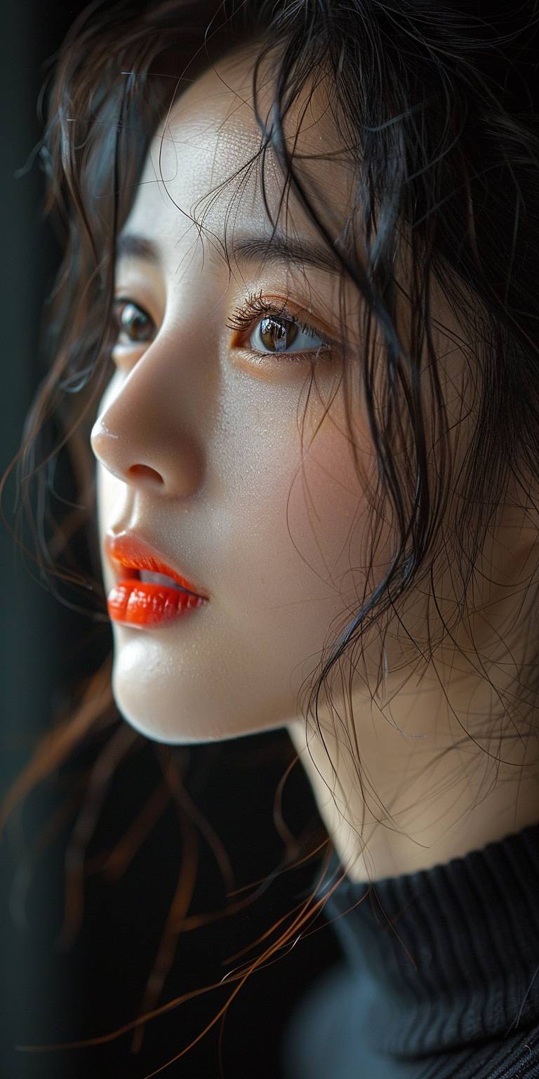 Extreme close-up of a Korean woman, 20-25 years old, in the style of Asian beauty standards, photorealistic, shot with Sony Alpha a7R IV 35mm f/5.6 --ar 1:2 --style raw --stylize 750 --v 6.0