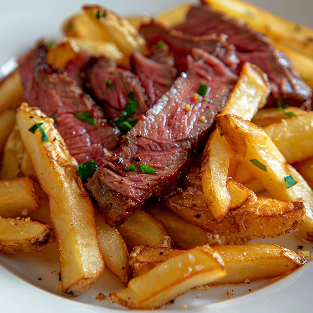 Extreme close up of fries with fresh beef steak on a white plate, tasty food photo for commercial and advertising catalogue, restaurant photography