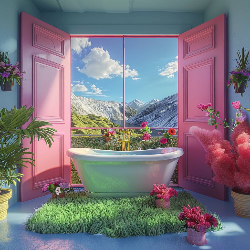 A cute bathroom with a bathtub, a green pastel grass floor, a big window showing a nature landscape view, a pink door, flower pots on the ground, vibrant colors, in the style of fantasy.