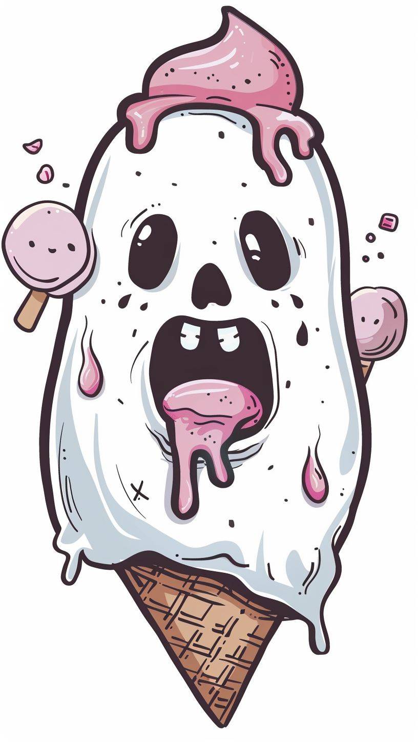 Simple ghost eating ice cream doodle PNG white background