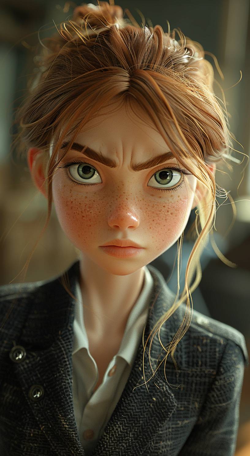 A young girl in a business suit with a very angry expression, in the style of Unreal Engine 5, cartoonish caricatures, I can't believe how beautiful this is, animated GIFs, life-like avian illustrations, close-up, soft, romantic scenes