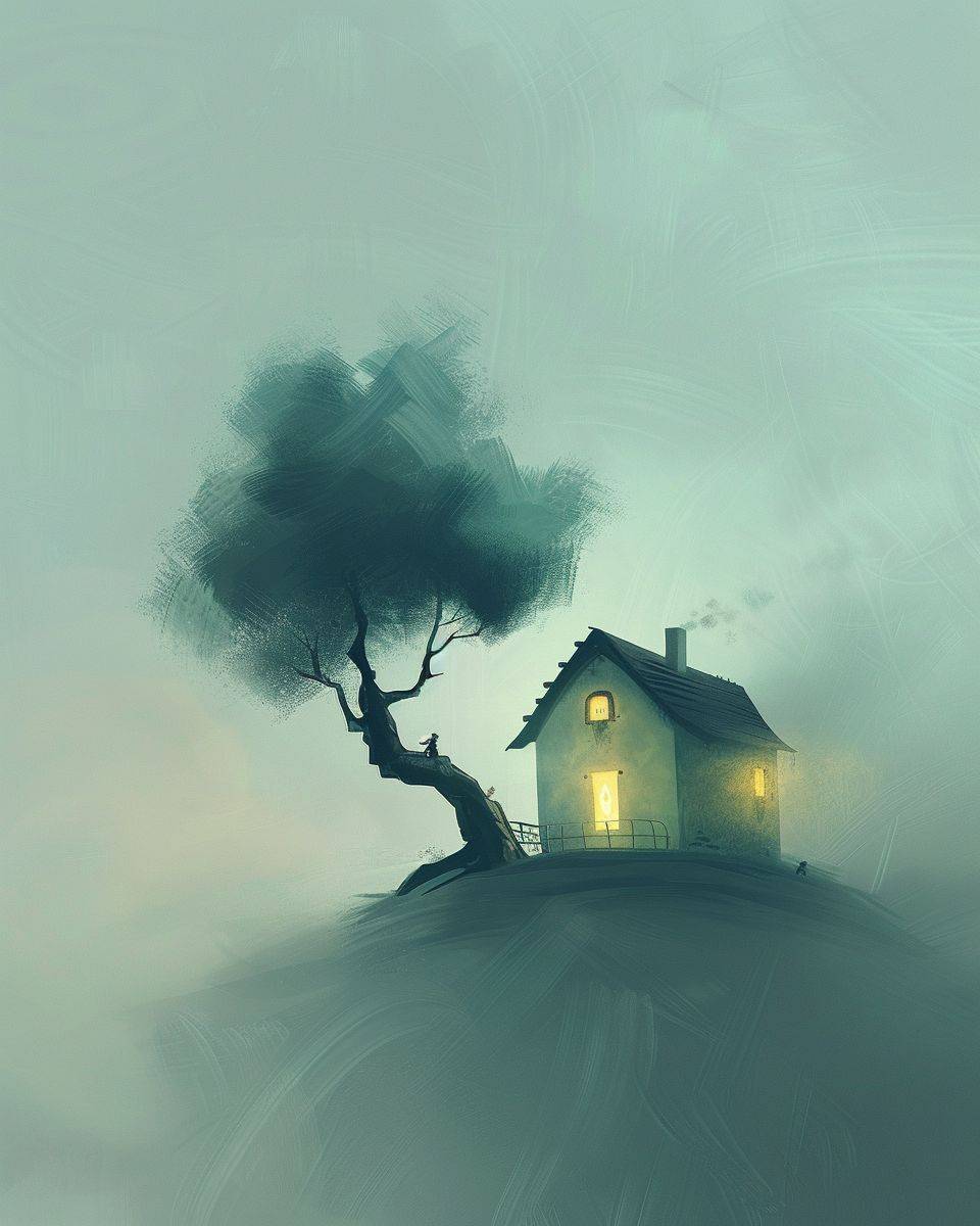 A house with the shape of a tree, concept art in the style of Goro Fujita and Oliver Jeffers, minimal background, foggy, weird, calm mood, simple.