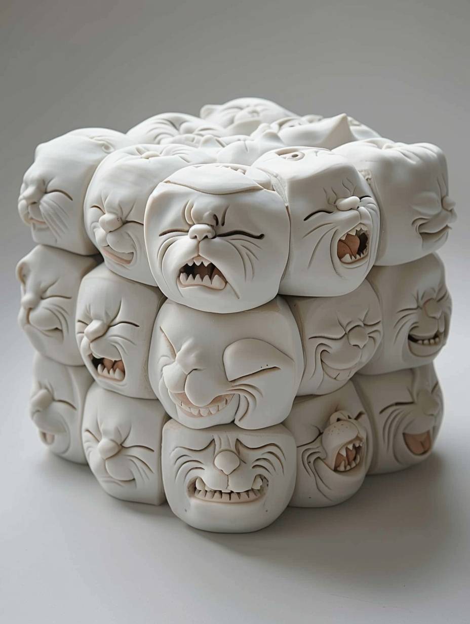 多くの異なる猫の顔と感情で覆われた白い磁器で作られた立方体、これらの猫の顔は非常に表現力豊かな表情を持っており、まるで日本の彫刻のスタイルで笑顔や泣き顔をしているかのように見えます。8k