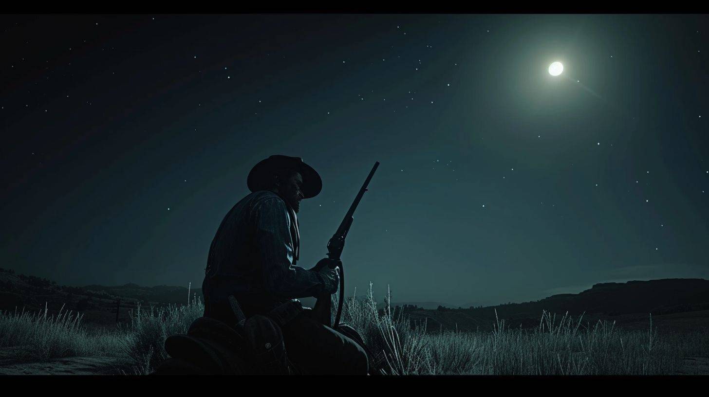 A cinematic, full-plan image of Arthur Morgan in Red Dead Redemption 1, Far West during the night. The character is wearing a cowboy hat, standing with determination, and pulling up a double-barrel shotgun sitting on a horse, in an empty, nocturnal western landscape.