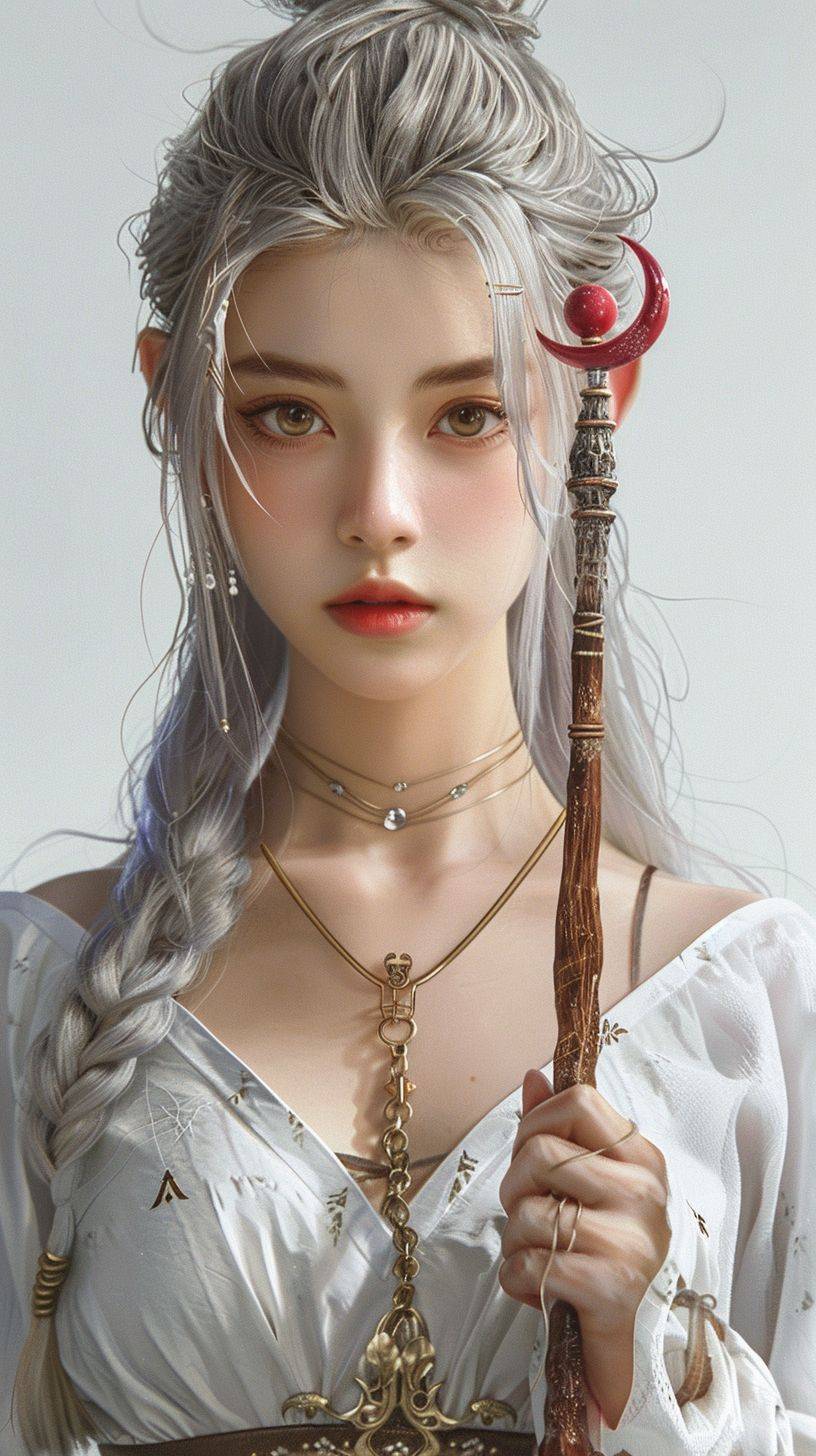 Hyper Realistic Photograph Studio White Background, A super cute 18-year-old Japanese elf girl, with light purple silver twin ponytail straight hair, holding a very long and thick red magic wand. The tip of the wand is shaped like a giant wooden crescent-shaped ring with a red spherical mineral in the center. She is wearing a white short-sleeved top tunic with gold trimmings, brown boots, and black tights on her feet. The portrait captures maximal facial detail of the super cute fashion model exuding Y2K fashion vibes. Her expression is neutral with a slight smile on her face. The portrait was shot with Kodak Portra 800 and a Hasselblad 500C using a 24mm f1.2 lens.