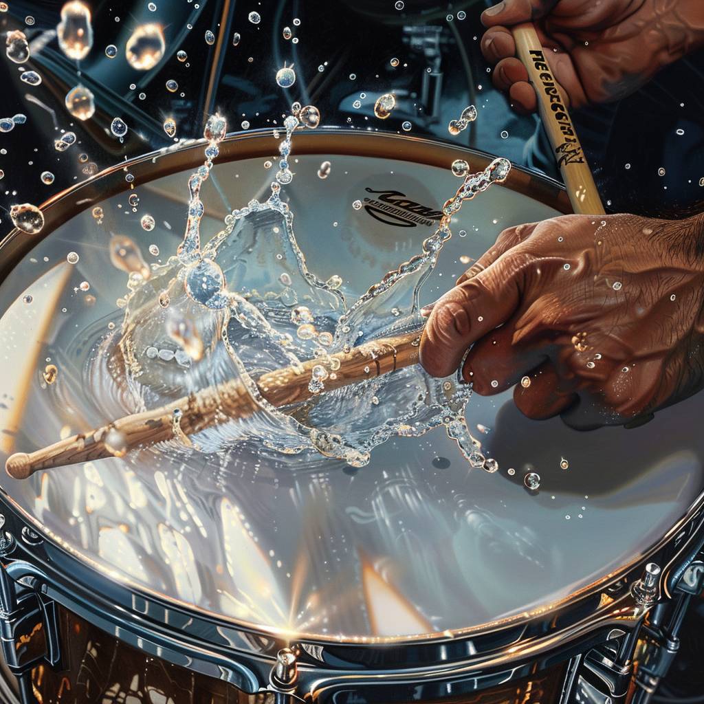 Realistic illustrations, the drumstick hits the frame and the drum bounces up water droplets