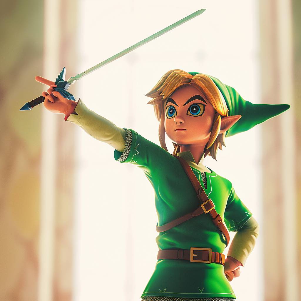 Epic render of Link from The Legend of Zelda portrayed as a music teacher, conducting an orchestra with his Wind Waker baton. The scene is set in a brightly lit studio with soft shadows. Cinematic photography is used, employing an 85mm lens and bokeh effect, resulting in ultra-detailed imagery against a white background, accentuated by dynamic lighting to highlight the vibrant colors.