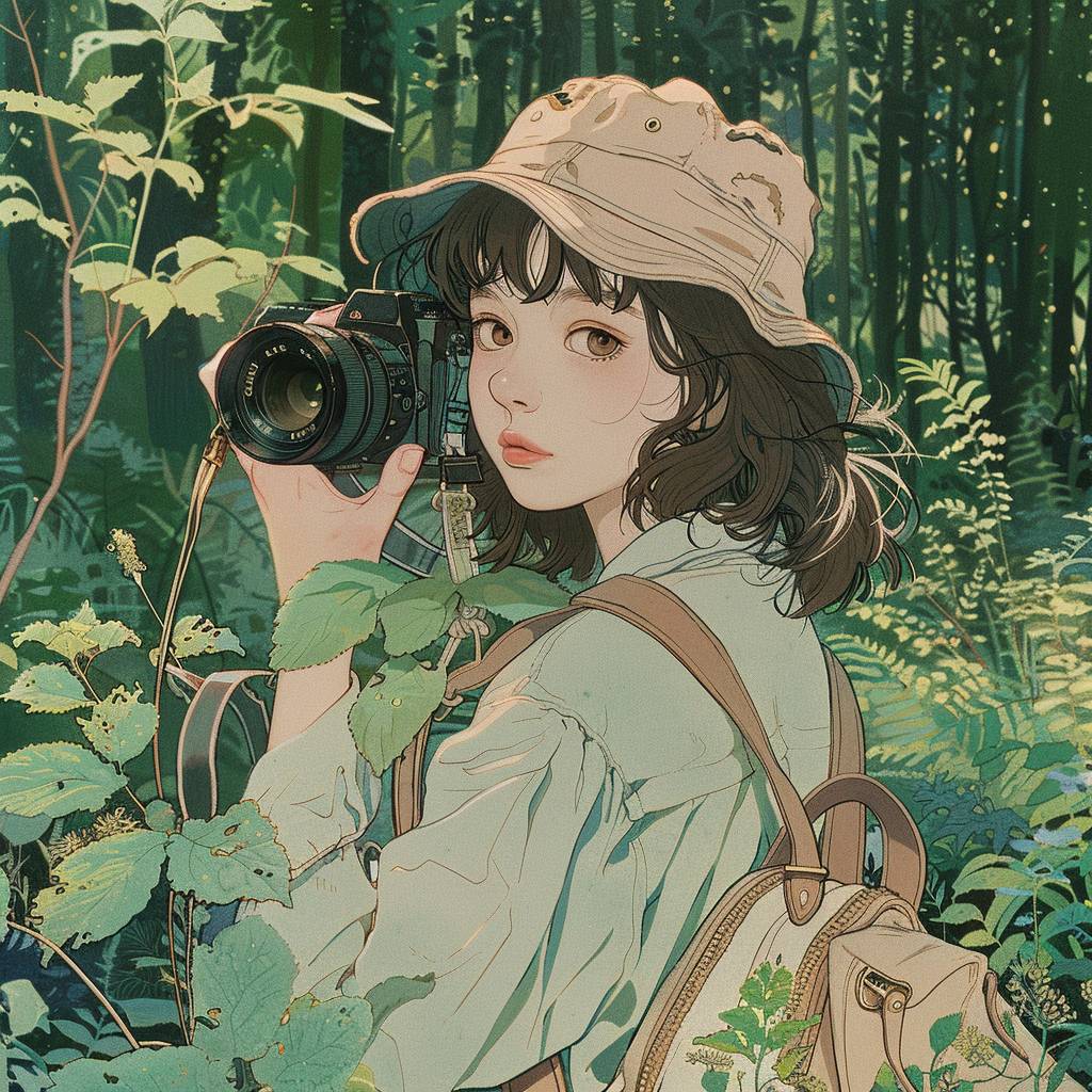 1980年代のアニメ、【美しい森で野生動物を撮影するカメラマン】、レトロなファッション、落ち着いたパステルカラー、居心地の良い雰囲気、詳細な顔の特徴