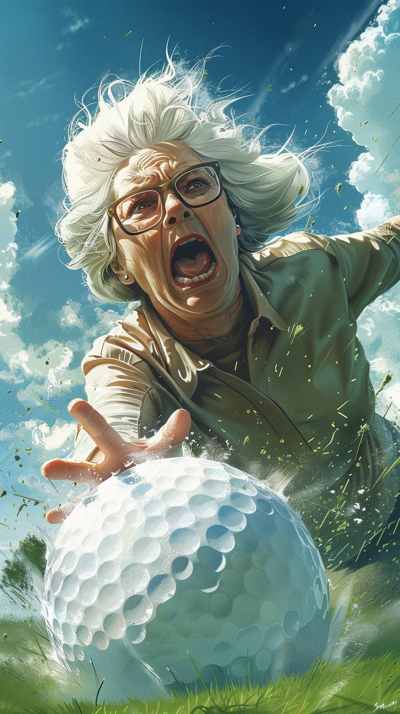 An older woman hitting a large golf ball very hard, wearing glasses, blonde hair, crazy energy, exaggerated scene, manga style