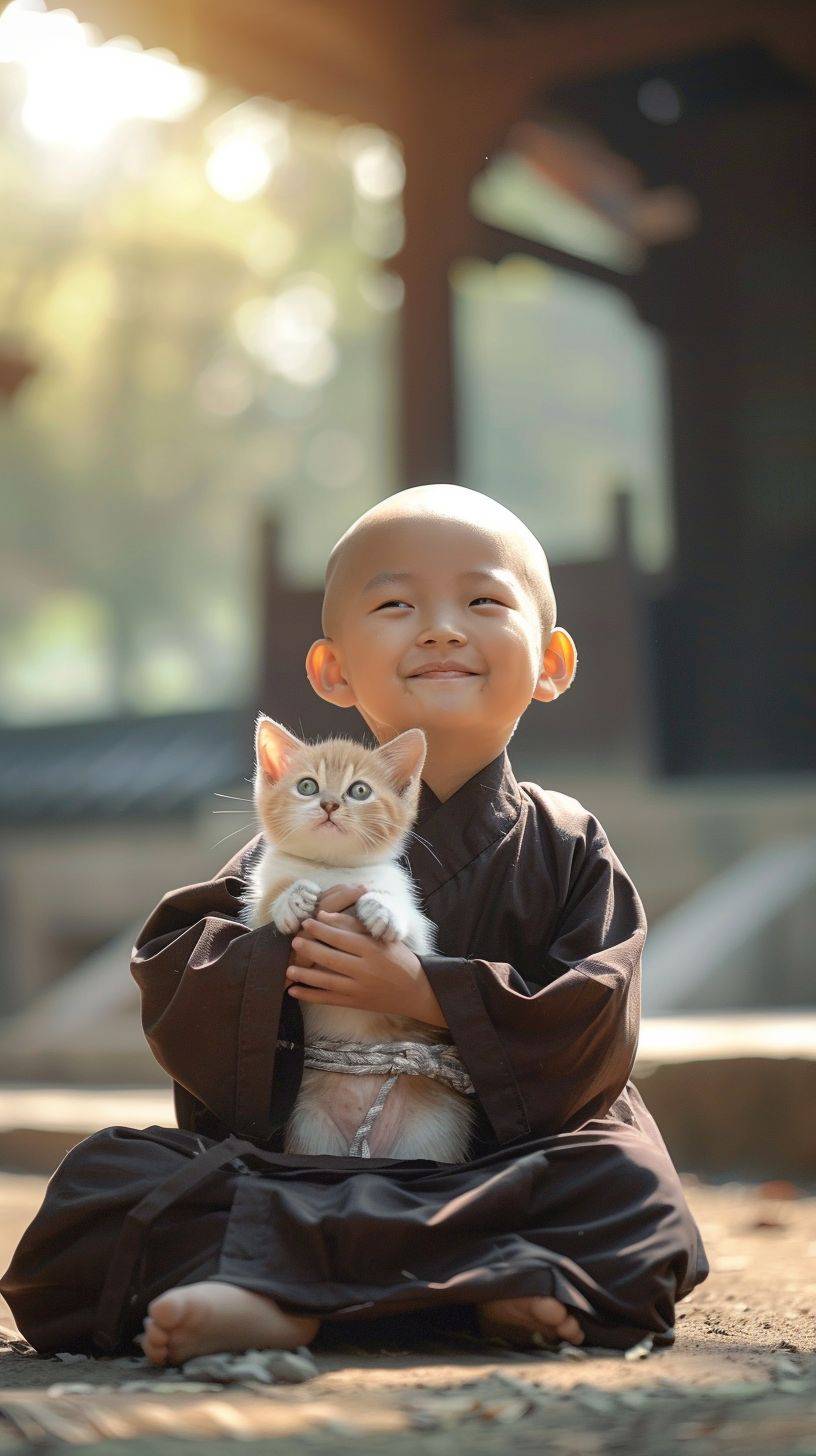 晴れた朝、大きな目を持つ毛皮のない中国のかわいい坊主3歳が、暗褐色の仏教の衣を着たまま、白くて丸々太って、微笑みを浮かべて座禅を組み、かわいい子猫を抱いている様子を外で太陽の光の中に座って、前方を向いている、実際の写真、太陽が彼の顔を照らしている。
