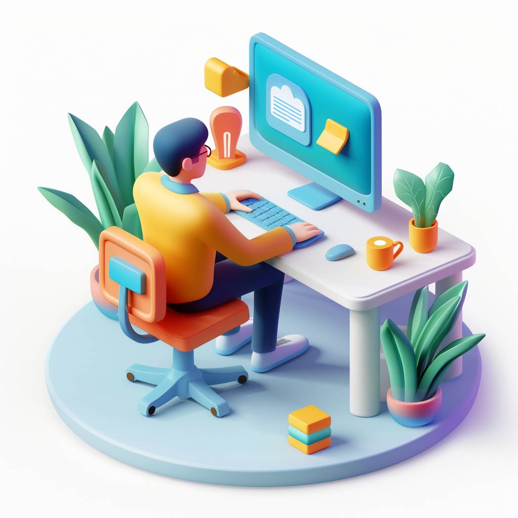3D isometric illustration, a user at a computer making important decisions, on a white background