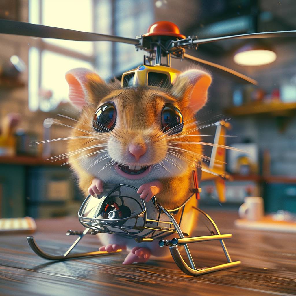 3D rendering of a hamster piloting a miniature helicopter made of household items, in the style of inventive cartoon, focused eyes, bright indoor lighting, playful atmosphere, high resolution, high detail, motion blur, colorful environment.