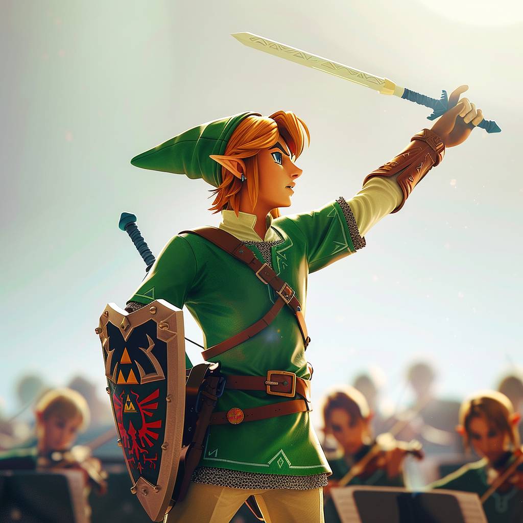 Epic render of Link from The Legend of Zelda portrayed as a music teacher, conducting an orchestra with his Wind Waker baton. The scene is set in a brightly lit studio with soft shadows. Cinematic photography is used, employing an 85mm lens and bokeh effect, resulting in ultra-detailed imagery against a white background, accentuated by dynamic lighting to highlight the vibrant colors.