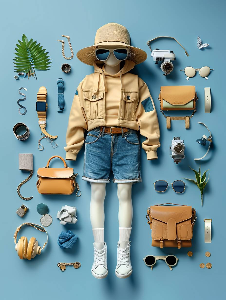 This is a picture of a person wearing shorts and sneakers standing on the ground. Various accessories such as a handbag, belt, socks, and shoes are placed in front of it. The background color should be light blue to create an overall clean aesthetic feel.