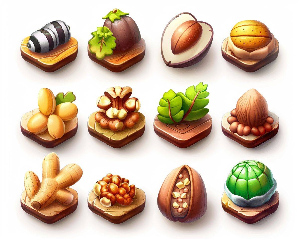 Mobile game 3D icons of multiple nuts versions evolving, levels, icons, mobile game