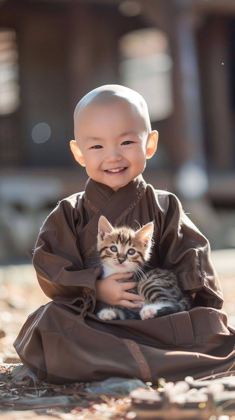 On a sunny morning, a 3-year-old cute bald Chinese monk with big eyes, dark brown Buddhist robe, white and chubby, sitting cross-legged with a smiling face, holding a cute kitten in his arms, sitting outdoors in the sunshine, facing forward, a real photo, the sun shining on his face.