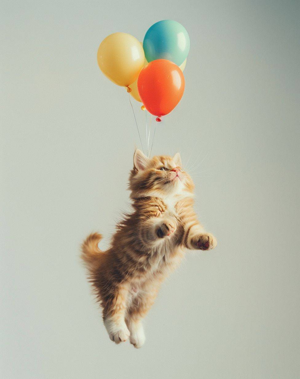 Cat flying with balloons floating above, minimalistic, white background, in the style of advertising photography.