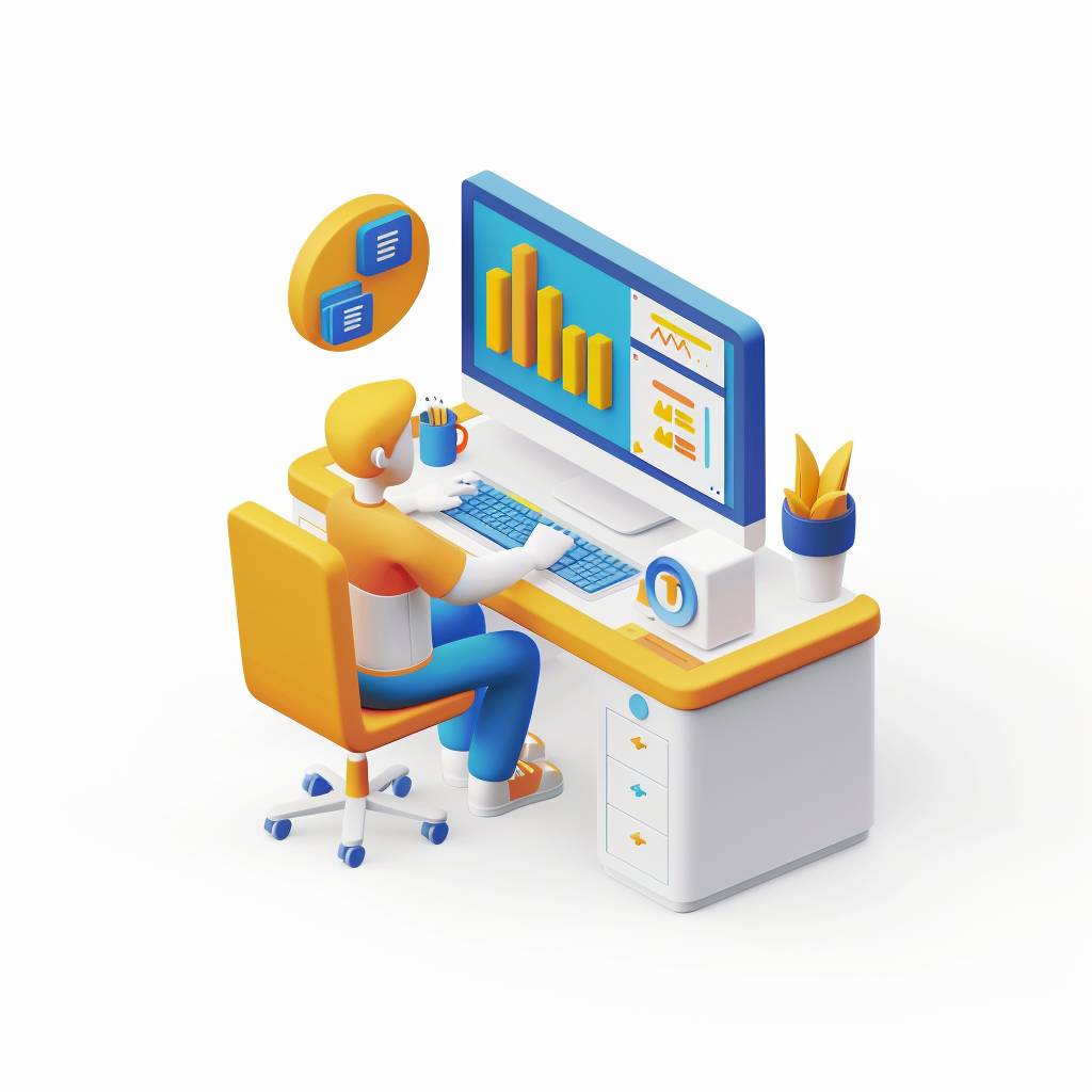 3D isometric illustration, a user at a computer making important decisions, on a white background