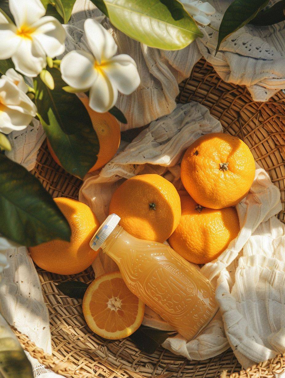 Commercial photography. Close up image of a juice bottle, an orange grapefruit juice bottle, font texture, cut oranges, white gardenia flowers, all piled up in a yellow woven basket, with a white blanket underneath. Outdoor scene, warm sunlight, natural light, overhead angle shotting, close-up, overall warm color tone, realistic, clear.