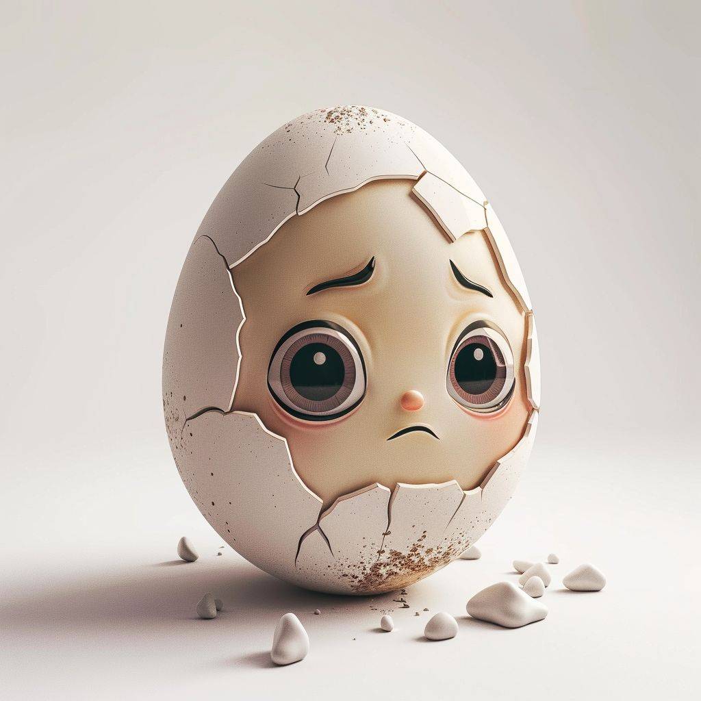 中央でかわいらしい赤ちゃん[あなたのキャラクター/オブジェクト]によって卵が割れたカートゥーン風に、リアルでハイパーなディテール描写、白い背景、スタジオ撮影