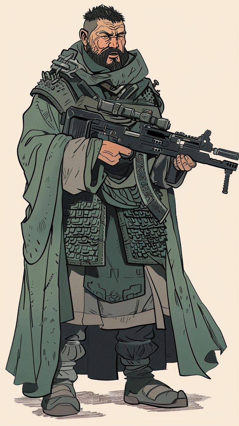 An ancient Chinese soldier holding a machine gun, wearing a grey cloak and dark green armor with black scales on it. He has very short hair and beard and is smiling. In the style of Hergé, with flat comic colors, bold lines, simple details, and a minimalist illustration style that is symmetrical.