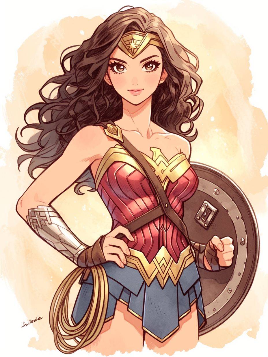 Wonder Woman, Disney style cartoon, depicted in a simple drawing with a watercolor background. The drawing uses simple lines and flat color blocks with a cute expression