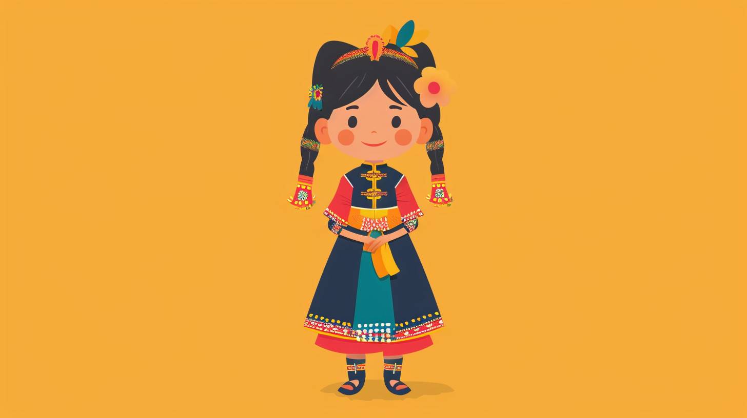 Full body shot illustration of a little beautiful [Subject] in a traditional [country] style, [clothes], [hair], cartoon style, flat drawing, vector, minimal [color] background.