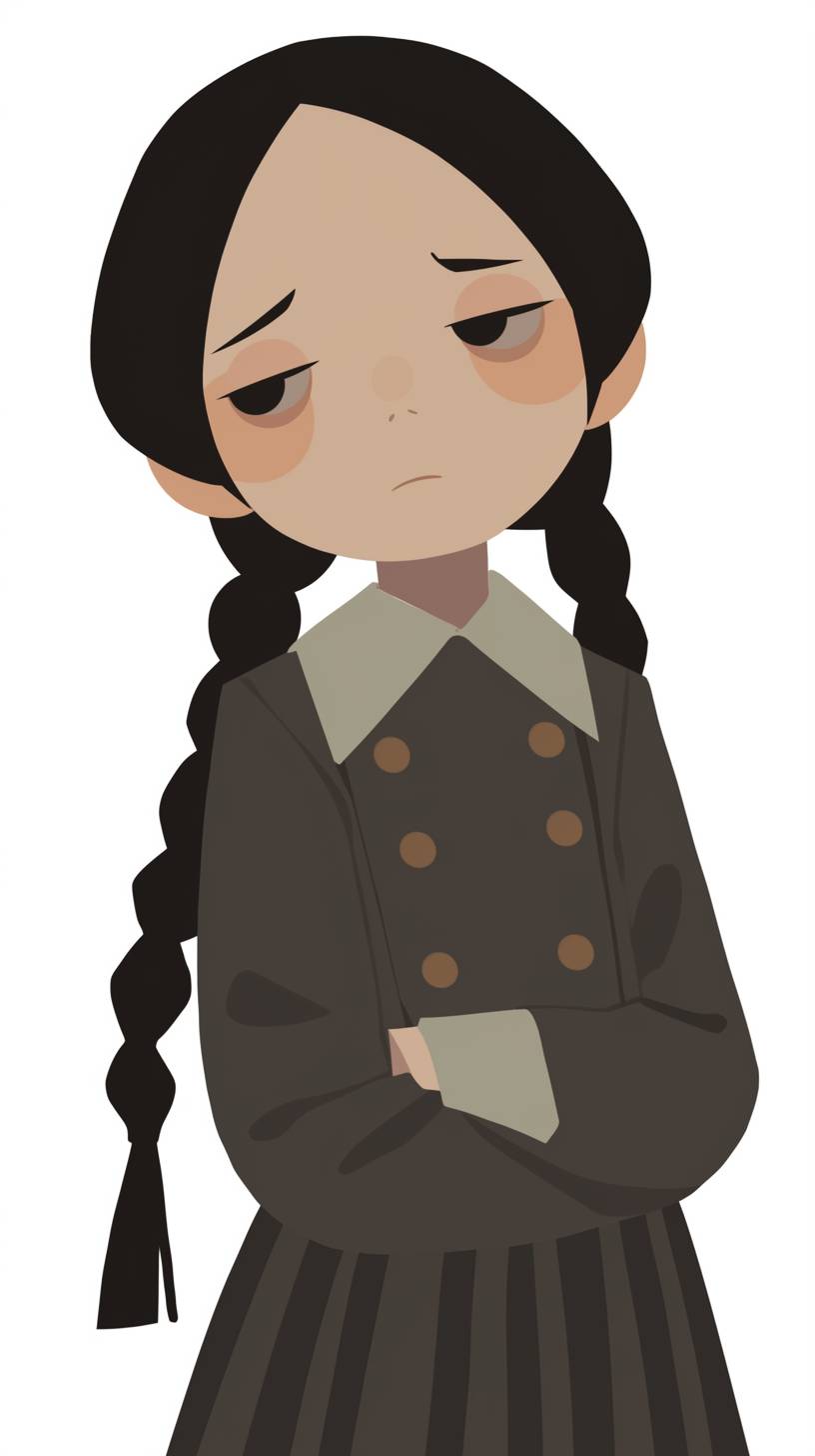 A simple drawing of Wednesday Addams, in the style of Allie Brosh with simple lines, flat colors and a stick figure, set against a minimalistic and simple background.
