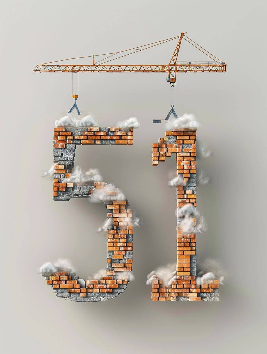 The number "51" is made of bricks, and it is built by cranes, cartoons, with an upward view, minimalist, isolated on a simple background --ar 3:4 --stylize 200