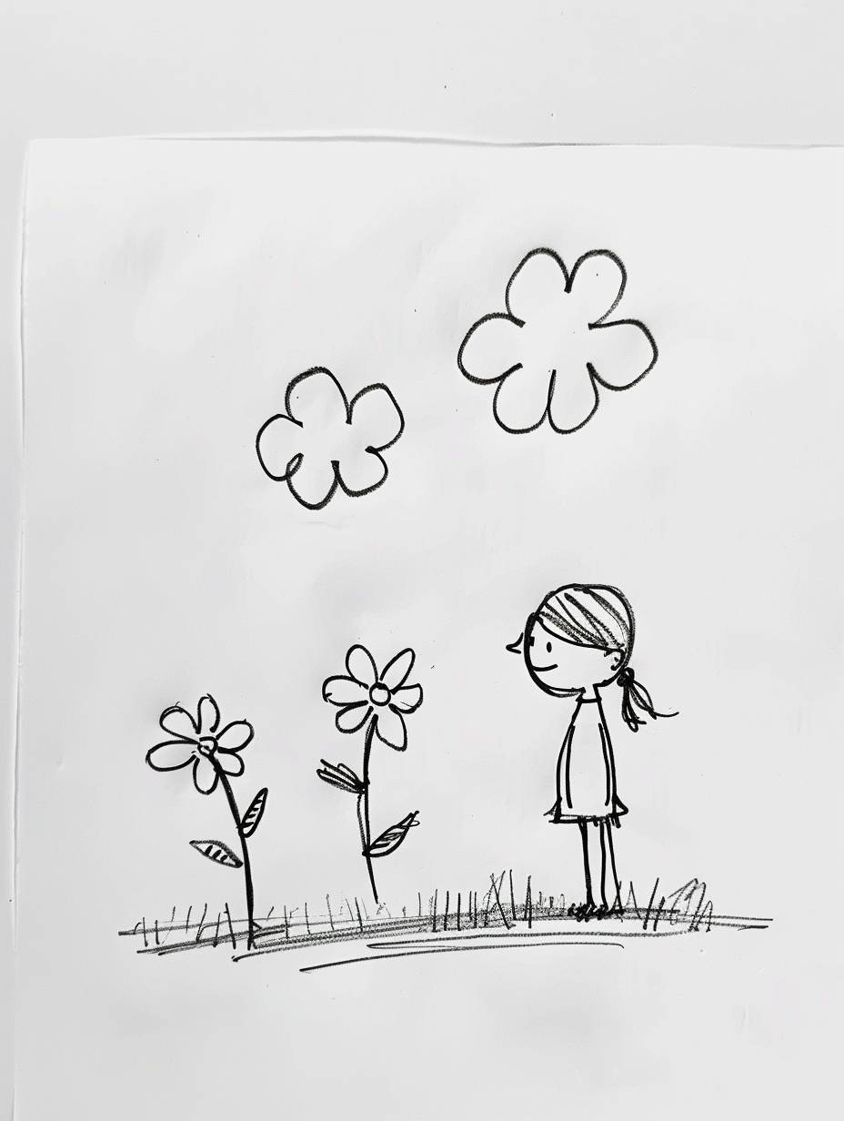 A simple drawing of two flowers and one little girl, drawn in the style of hand with crayons on white paper, simple lines, simple background, simple cloud pattern in the sky. A happy expression is shown on her face as she looks at three small flower shapes. The figure appears to be standing upright, possibly holding something or playing. There's an empty space above it where you can add more details if needed. 2D flat style, simple line drawings, minimalism, simple coloring page.