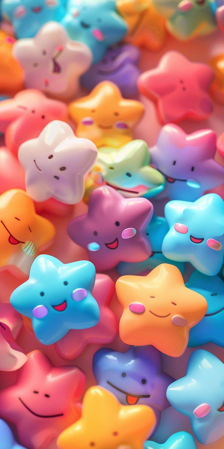 Super cute and fluffy little star emoticons cover the screen, colorful, realistic, high quality, mobile wallpaper