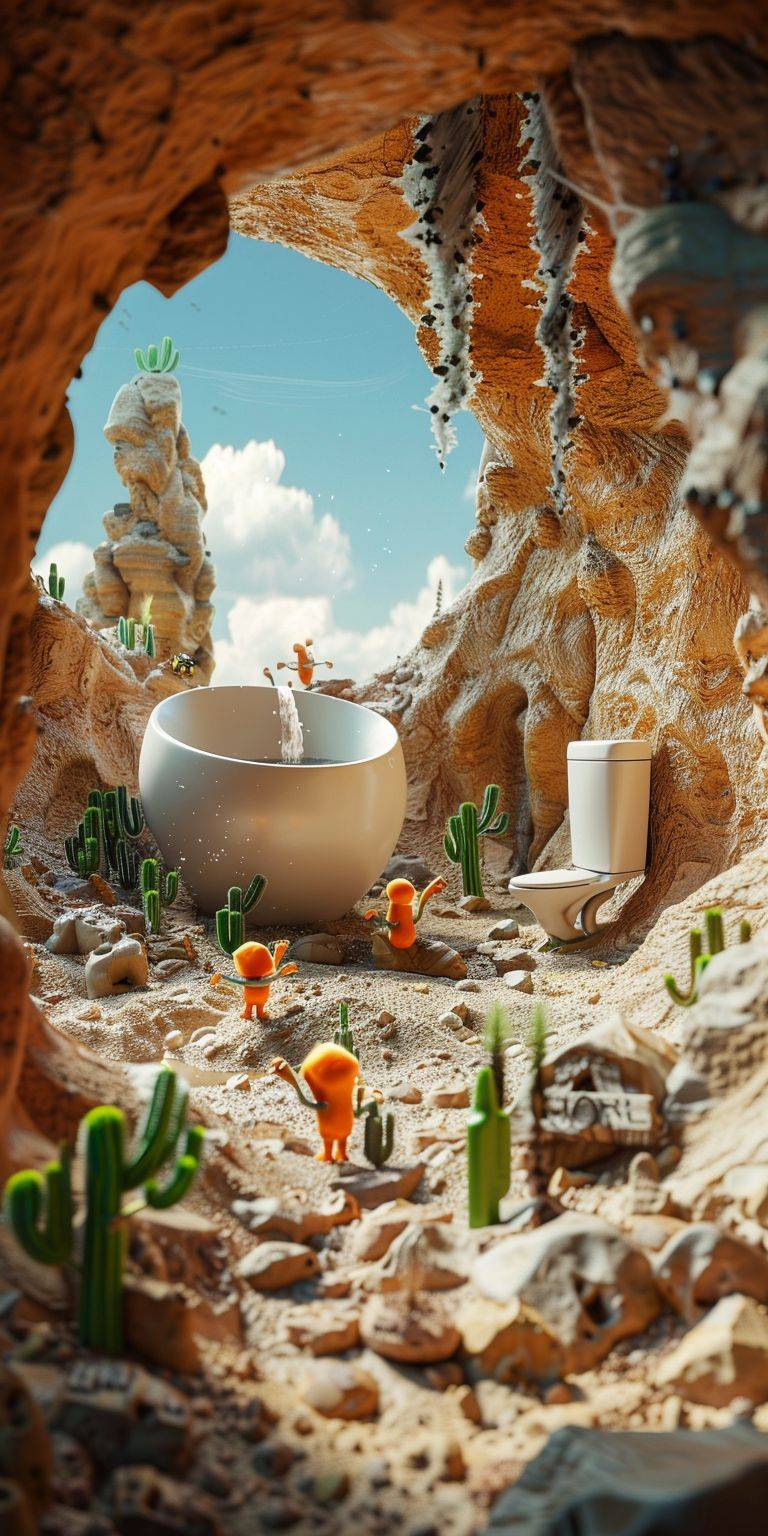 In a cave clay world, with a giant toilet in the background and several small people flushing the toilet below, miniature landscape, Pixar animation style world, movie posters, surrealist style, fantasy scenes 3D,Blender, C4D,OC Render, ultra realistic rendering details, high quality, masterpiece, 8K -ar 1:2