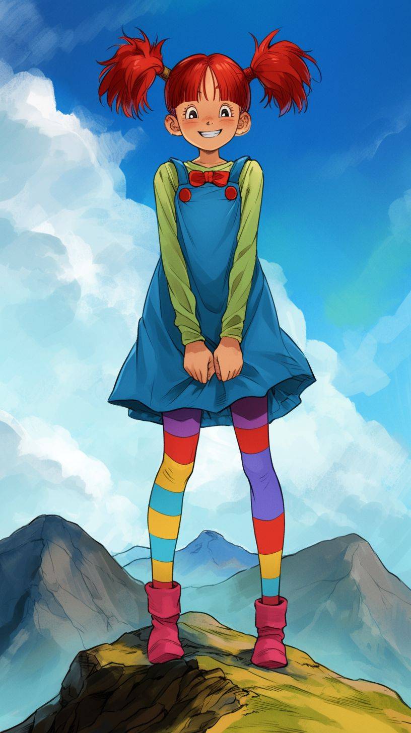 Pippi Longstocking with red hair in pigtails, wearing a blue dress and colorful tights, standing at the top of a mountain smiling, in the style of Akira Toriyama from Dragon Ball Z anime.