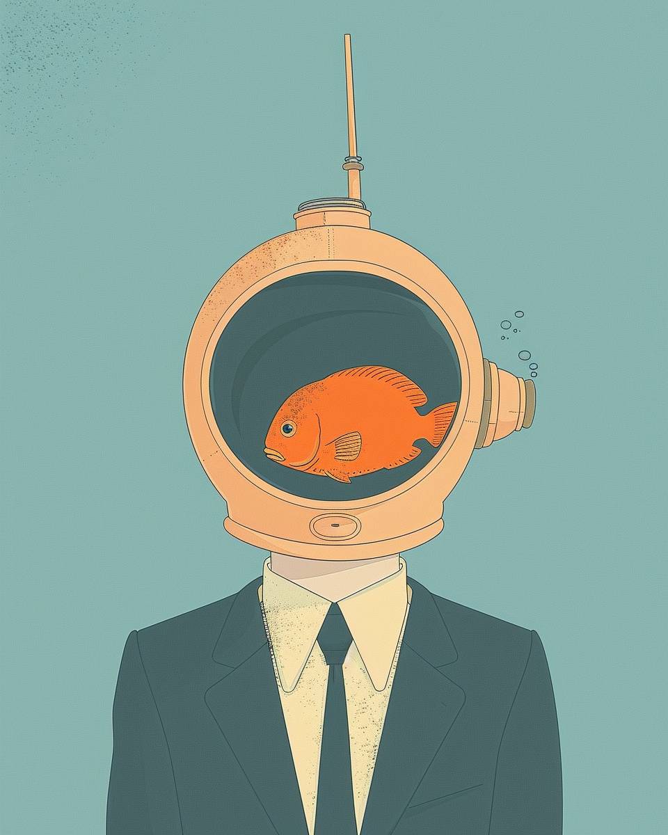 A cartoon of a man dressed in a suit and tie with a diver's helmet with an orange fish inside, pastel blue background, simple lines, minimalistic style, vector art, no shadows, no gradients, low detail, low resolution, low contrast, digital illustration, in the style of James Gilleard.