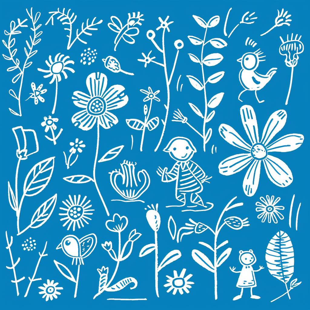 Illustration of nature doodle style. Illustration depicting flowers, leaves, birds and kids as outlines, in off-white, in doodle style on a bright blue background.