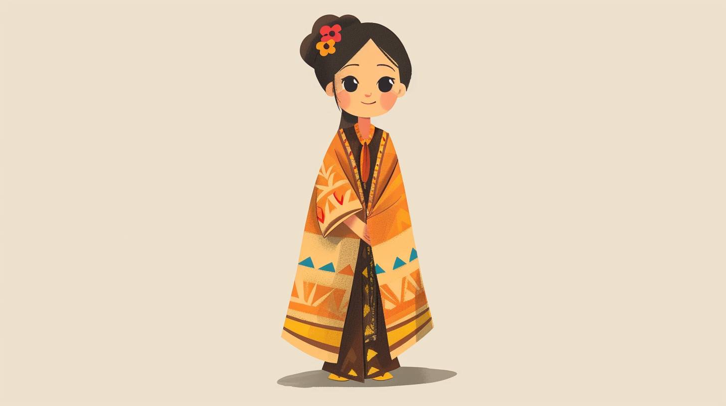 Full body shot illustration of a little beautiful [Subject] in a traditional [country] style, [clothes], [hair], cartoon style, flat drawing, vector, minimal [color] background.