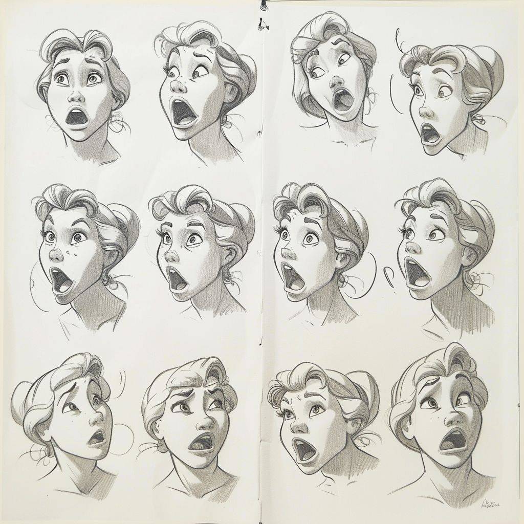 A character sheet of different facial expressions for [character description], vintage Disney animation, white background, cartoon, pencil sketch, concept art, [color(s)] colour palette, character design sheet, character illustration sheet, concept drawing