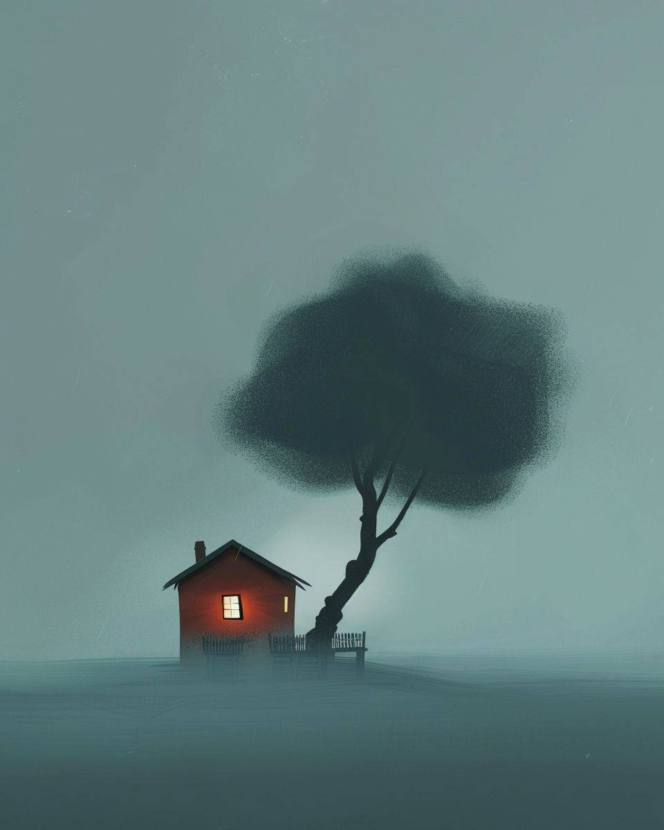 木の形をした家、風格はGoro FujitaとOliver Jeffersのコンセプトアート、シンプルでミニマルな背景、霧がかかっていて変わった静かな雰囲気。