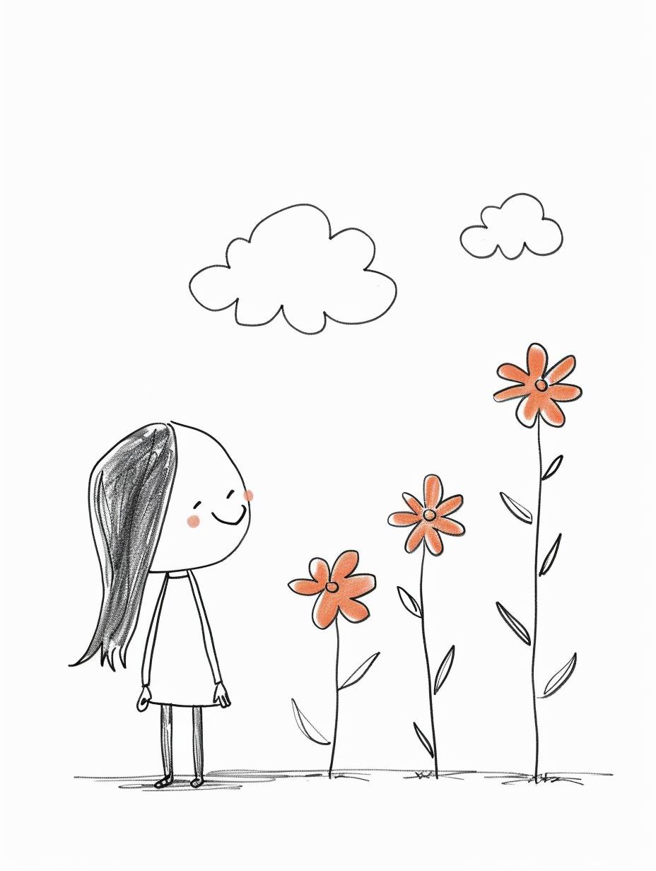 A simple drawing of two flowers and one little girl, drawn in the style of hand with crayons on white paper, simple lines, simple background, simple cloud pattern in the sky. A happy expression is shown on her face as she looks at three small flower shapes. The figure appears to be standing upright, possibly holding something or playing. There's an empty space above it where you can add more details if needed. 2D flat style, simple line drawings, minimalism, simple coloring page.