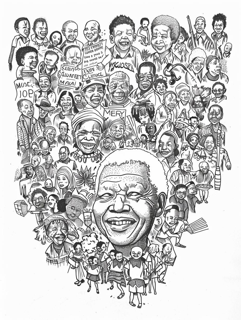 Create a white background with black drawings to make a children's coloring page. Include all imagery related to South Africa, politics, and patriotism. Include a cartoon of Nelson Mandela and other hopeful political figures in South Africa. Include children in traditional dress, the South African flag, Zulu spear, Table Mountain, election boxes, voters, and freedom imagery.