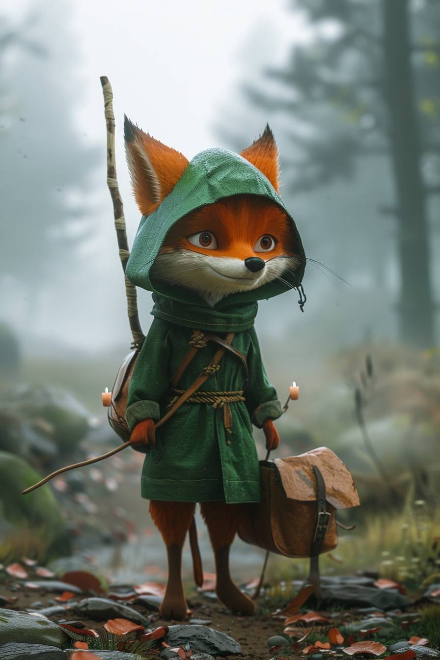 Anthropomorphic furry fox, wearing green hood and shirt, 2D animation screen grab, fantasy, cartoon style, carrying bag and wood stick lamp, forest, foggy, medium shot